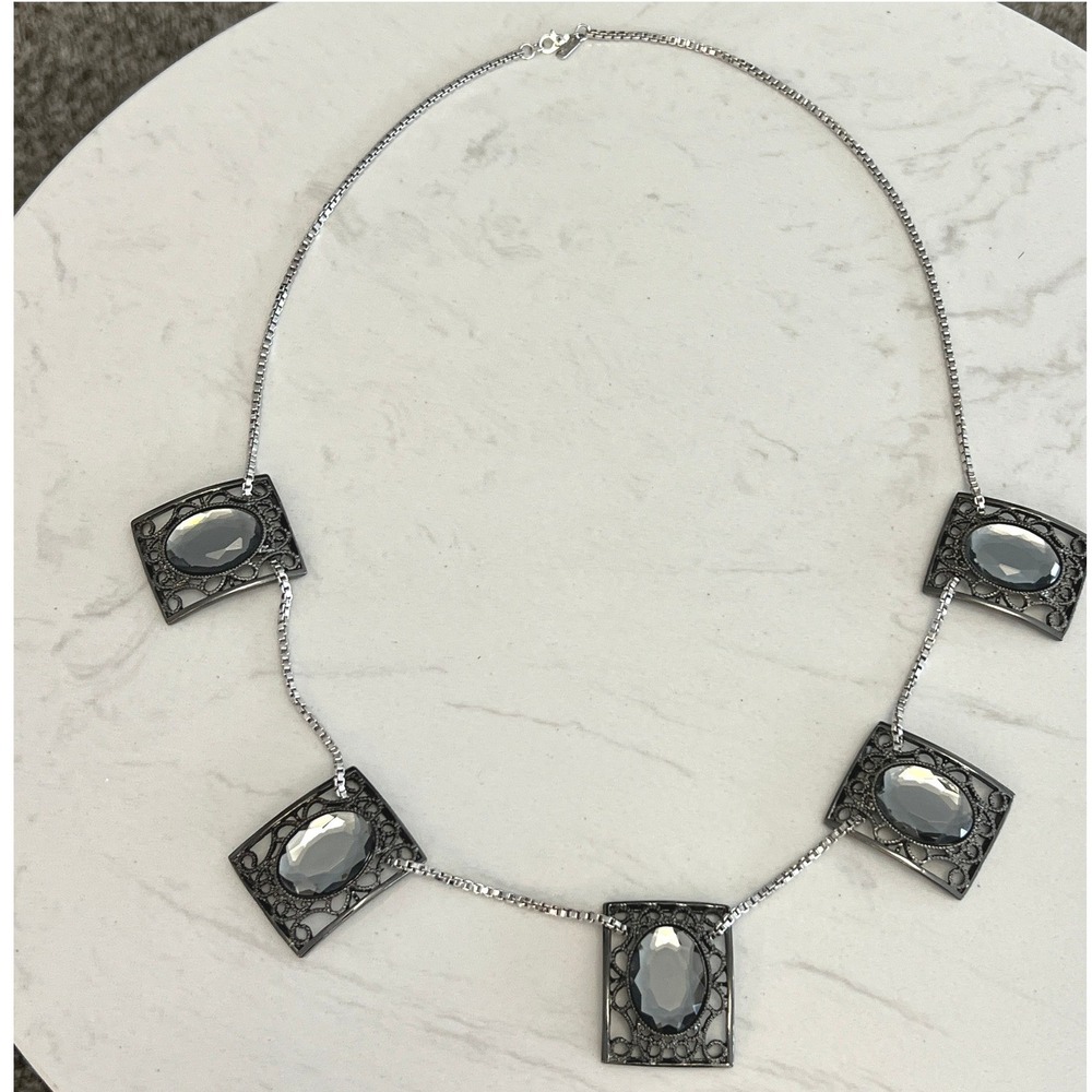 Vtg Monet Filigree Statement Necklace Silver Tone Oval Hematite Cabochons Panels